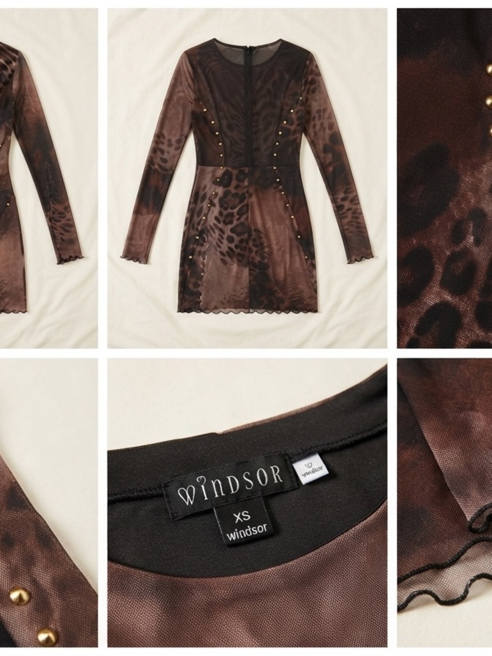Windsor Brown Leopard-Print Mesh Long Sleeve Mini Dress